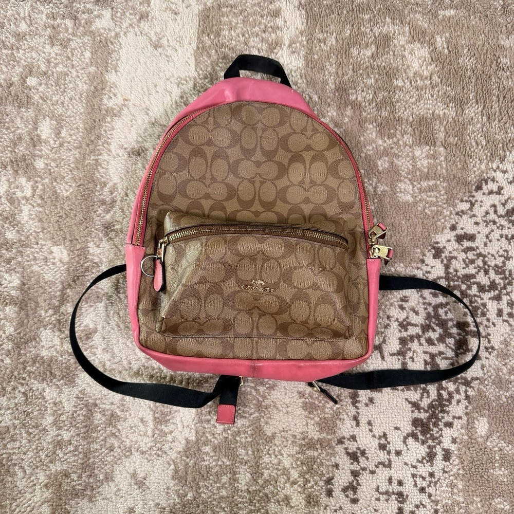 Coach Signature Medium Charlie Backpack Khaki/Pink Classic